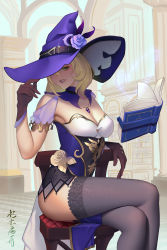 1girl absurdres bare_shoulders black_gloves black_thighhighs blonde_hair book bookshelf breasts capelet chair cleavage commentary_request crossed_legs dress dress_flower floating floating_book floating_object flower genshin_impact gloves green_eyes hat hat_belt hat_flower hat_over_one_eye highres indoors jewelry large_breasts library lisa_(genshin_impact) multicolored_dress necklace open_book parted_lips purple_capelet purple_flower purple_hat thighhighs thighs witch witch_hat xiumu_bianzhou