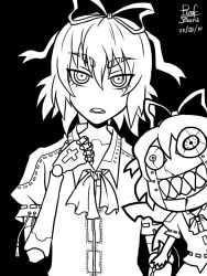 1girl artist_name character_request collared_shirt commentary_request dated doll_joints female_focus greyscale hair_between_eyes hair_ribbon joints kerchief looking_at_viewer monochrome open_mouth reef_(sanomsai_products) ribbon shirt signature solo su-san touhou