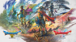 1980s_(style) 1girl 4boys armor cape commentary dragon_quest dragon_quest_i dragon_quest_ii dragon_quest_iii english_commentary fake_horns helmet hero_(dq1) highres holding holding_shield holding_sword holding_weapon horned_helmet horns ikusy key_visual looking_at_viewer looking_back multiple_boys official_art oldschool planted planted_sword planted_weapon prince_of_lorasia prince_of_samantoria princess_of_moonbrook promotional_art roto_(dq3) shield sword weapon