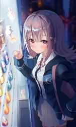 1girl absurdres azusa_(980650076) backpack bag black_shirt blurry blurry_background blush breasts brown_skirt can chinese_commentary collared_shirt commentary_request danganronpa_(series) danganronpa_2:_goodbye_despair dress_shirt flipped_hair galaga hair_ornament highres hood hooded_jacket jacket long_sleeves looking_at_viewer medium_breasts medium_hair monokuma nanami_chiaki neck_ribbon night open_clothes open_jacket pepsi pleated_skirt revision ribbon shirt shirt_tucked_in skirt smile solo vending_machine white_shirt