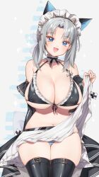 1girl :d alternate_costume animal_ear_hairband animal_ears apron bikini black_bikini blue_eyes blue_stripes blush breasts cat_ear_hairband cat_ears chami_(charming621) cleavage commentary_request dress enmaided fake_animal_ears frilled_apron frilled_bikini frills grey_hair hairband highres lace-trimmed_apron lace_trim large_breasts latex_bikini latex_sleeves lifting_own_clothes looking_at_viewer low_twintails maid maid_apron maid_bikini maid_headdress medium_hair navel official_alternate_costume official_alternate_hairstyle open_mouth panties senran_kagura short_twintails side-tie_panties sitting skindentation smile solo striped_clothes striped_panties swimsuit thighhighs twintails unconventional_maid underwear waist_apron white_apron yumi_(senran_kagura)