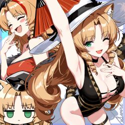 Rule 34 | 1girl, ;d, animal ears, arknights, armpits, black one-piece swimsuit, breasts, cleavage, closed eyes, drill hair, fang, folding fan, green eyes, hand fan, hat, highres, holding, holding fan, long hair, multiple views, one-piece swimsuit, one eye closed, open mouth, smile, swimsuit, swire (arknights), swire the elegant wit (arknights), tail, tiger ears, tiger girl, tiger tail, tokinin4