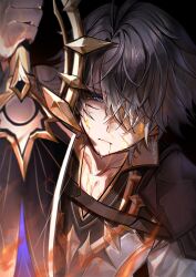 1boy absurdres antenna_hair black_shirt blood blood_from_mouth blood_on_face blue_eyes coat commentary_request crying crying_with_eyes_open hair_over_one_eye highres holding holding_sword holding_weapon honkai:_star_rail honkai_(series) injury koukai_sita looking_at_viewer male_focus parted_bangs phainon_(honkai:_star_rail) shirt short_hair solo sword tears twitter_username upper_body weapon white_coat white_hair yellow_blood