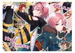 5boys amagi_rinne blue_jacket border closed_mouth clothing_cutout confetti ensemble_stars! flower fur-trimmed_jacket fur_trim hand_on_own_knee happy_birthday himeru_(ensemble_stars!) holding holding_flower jacket long_legs looking_at_viewer looking_back mikejima_madara multiple_boys multiple_views official_alternate_costume oukawa_kohaku pink_hair purple_eyes shiina_niki shisokonbu shoulder_cutout smile tongue white_border