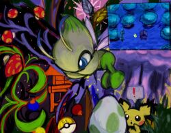 ! :o antennae berry_(pokemon) blue_eyes celebi colored_skin egg floating forest gen_2_pokemon grass green_skin gs_ball legendary_pokemon mushroom mythical_pokemon nature night nintendo no_humans open_mouth oran_berry outdoors pichu poke_ball pokemon pokemon_(creature) pokemon_egg pokemon_focus pokemon_gsc speech_bubble spiky-eared_pichu tiny_mushroom_(pokemon) tomatopasutaaa tree