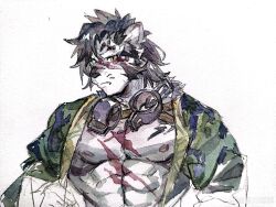1boy absurdres animal_ears bai_chuan_ye_ye bara black_fur black_hair chinese_commentary closed_mouth commentary_request cross_scar cuffs furry furry_male green_kimono highres japanese_clothes kimono looking_at_viewer male_focus muscular muscular_male nipples painting_(medium) pectorals scar scar_across_eye scar_on_chest scar_on_face sdorica shackles tiger_boy tiger_ears tiger_stripes traditional_media watercolor_(medium) yao_(sdorica) yellow_eyes yukata