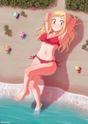 1girl beach bikini blonde_hair digimon giant giantess green_eyes long_hair looking_at_viewer ocean orimoto_izumi risunator smile swimsuit