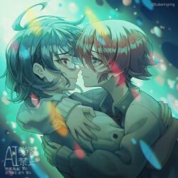 1boy 1girl amate_yuzuriha black_hair green_shirt gundam gundam_gquuuuuux hetero highres hug looking_at_another profile red_hair shirt shuji_ito sweat tubering upper_body watermark