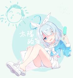 1girl absurdres arona_(blue_archive) barefoot blue_archive blue_eyes blue_halo blue_shirt blush bow feet food hairband halo highres holding holding_food hot i-tsd legs no_socks panties pleated_skirt ribbon school_uniform serafuku shirt shoes skirt sneakers soles solo sweat thighs translation_request underwear white_bow white_panties white_ribbon white_skirt