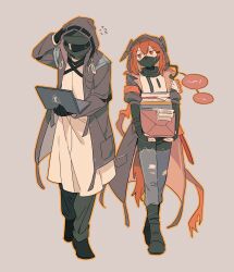 1girl 1other absurdres animal_hood arknights black_coat black_shoes coat computer crownslayer_(arknights) doctor_(arknights) dopperu_ben flying_sweatdrops full_body grey_background highres holding holding_laptop hood hooded_coat laptop mask mouth_mask orange_eyes orange_hair pants paper_stack shoes simple_background standing