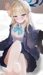 1girl absurdres aqua_bow aqua_bowtie barefoot black_skirt blonde_hair blue_archive blue_cardigan blue_eyes blue_hair blue_halo blush bow bowtie braid cardigan collared_shirt commentary_request embarrassed halo highres long_hair loose_bowtie multicolored_hair on_bed shirt skirt socks solo streaked_hair thakahashishi toes toki_(blue_archive) toki_(school_uniform)_(blue_archive) unworn_socks white_shirt