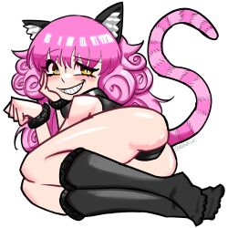 Rule 34 | 1girl, absurdres, animal ear fluff, animal ears, arms up, ass, bare shoulders, black choker, black panties, black shirt, black socks, black souls, black wrist cuffs, blush, cat ears, cat girl, cat tail, cheshire cat (black souls), choker, cocked eyebrow, curly hair, double bun, eyelashes, feet, grin, hair bun, hair over eyes, hand on own face, highres, legs together, long hair, looking at viewer, lying, m8n8xide, multicolored hair, on side, panties, pink hair, pink tail, shirt, sidelocks, signature, simple background, smile, socks, solo, striped tail, tail, teeth, twitter username, underwear, white background, wrist cuffs, yellow eyes