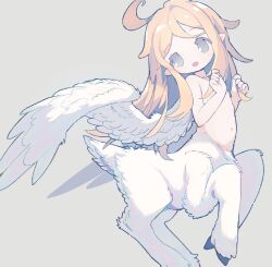 1girl ahoge blonde_hair centauroid dot_nose feathered_wings flat_chest grey_background highres hooves kuroyurihaze loli long_hair monster_girl navel nipples open_mouth original playing_with_own_hair pointy_ears simple_background solo stomach tareme taur white_wings wings