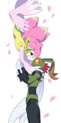 Rule 34 | 1boy, 1girl, brown hair, bug, cherry blossoms, confeito000 333, couple, digimon, digimon (creature), digimon xros wars, green leotard, hetero, highres, leotard, lilamon, petals, profile, short hair, simple background, spiked hair, stingmon, white background