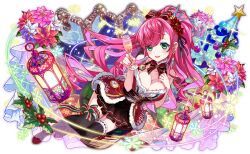 1girl alternate_costume artist_request bare_arms bare_shoulders belted_jacket black_thighhighs blush bow bow_legwear breasts cel_shading christmas christmas_ornaments christmas_tree cleavage collar crash_fever cup curtains drink drinking_glass earrings fingernails flower frilled_skirt frills full_body full_moon game_cg gaudi_(crash_fever) green_bow green_eyes hair_behind_ear hair_bow half_updo high_heels high_ponytail holding holding_drink indoors jacket jewelry knees_together_feet_apart lace lace-trimmed_thighhighs lace_trim lantern large_breasts light_particles long_hair looking_at_viewer miniskirt mistletoe moon night night_sky number_print numbered official_alternate_costume official_art open_mouth outline oversized_object pink_flower pocket_watch poinsettia ponytail print_skirt puffy-trimmed_collar puffy-trimmed_jacket red_bow red_collar red_flower red_footwear red_jacket red_outline red_skirt ribbon-trimmed_ribbon skirt sky snowflake_print snowflakes solo square square_print star_(sky) swept_bangs tachi-e thighhighs third-party_source transparent_background very_long_hair watch white_flower window wine_glass zipper