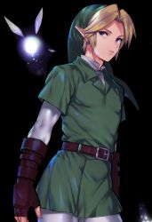 1boy absurdres bad_id bad_pixiv_id belt black_background blonde_hair brown_gloves closed_mouth cowboy_shot earrings fingerless_gloves gloves green_hat hat highres jewelry link looking_at_viewer male_focus maruchi navi nintendo pants purple_eyes short_sleeves solo standing standing_on_one_leg the_legend_of_zelda white_pants