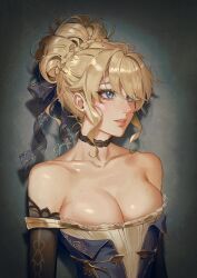 1girl alternate_hairstyle bare_shoulders black_choker blonde_hair blue_eyes braid breasts choker collarbone dress genshin_impact ggelus hair_bun hair_ribbon hair_up highres large_breasts multicolored_dress navia_(genshin_impact) off_shoulder parted_lips ribbon sidelocks solo three_quarter_view