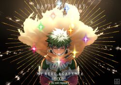 1boy black_background bodysuit boku_no_hero_academia cape character_name closed_eyes closed_mouth commentary_request copyright_name emphasis_lines freckles gloves green_bodysuit green_gloves green_hair hair_between_eyes hands_up ho_(dotto615) long_sleeves male_focus midoriya_izuku scar scar_on_face short_hair smile solo sparkle superhero_costume torn_cape torn_clothes two-tone_gloves u_u upper_body white_gloves yellow_cape
