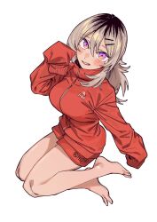 1girl barefoot black_hair blonde_hair blue_eyes blush breasts collared_jacket green_eyes hair_between_eyes hair_ornament hairclip hand_up highres jacket large_breasts long_hair long_sleeves looking_at_viewer low_ponytail mashimashi mole mole_under_eye multicolored_eyes multicolored_hair orange_jacket orange_shorts original parted_lips pink_eyes ponytail purple_eyes rainbow_gradient shorts simple_background sitting sleeves_past_fingers sleeves_past_wrists smile solo taut_jacket teeth thighs track_jacket twitter_username two-tone_hair upper_teeth_only urabe_haruna_(mashimashi) white_background yellow_eyes yokozuwari