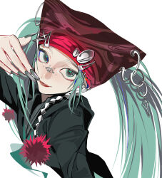 1girl aqua_hair beanie black_jacket bridge_piercing commentary_request face_piercing fingernails from_above grey_eyes hat hat_ornament hatsune_miku highres jacket lipstick long_fingernails long_hair looking_at_viewer makeup nail_polish piercing play_(vocaloid) pom_pom_(clothes) red_lips simple_background solo surin_(65889544) twintails vocaloid white_background