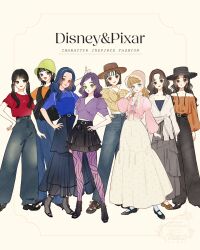 6+girls alternate_costume blonde_hair blue_hair bo_peep_(toy_story) brown_hair commentary_request contemporary cowboy_hat descendants evie_(descendants) genderswap genderswap_(mtf) goofy hat hector_barbossa highres jack_sparrow long_hair mal_(descendants) max_goof meecosme multiple_girls pirates_of_the_caribbean purple_hair sheriff_woody shirt short_hair smile toy_story