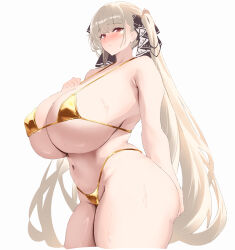 1girl alternate_breast_size arm_behind_back armpit_crease azur_lane bare_arms bare_shoulders bikini black_ribbon blush breasts closed_mouth commentary_request covered_erect_nipples cowboy_shot cropped_legs curvy formidable_(azur_lane) from_side gigantic_breasts gold_bikini grey_background grey_hair hair_ribbon halterneck hand_on_own_chest hand_up highleg highleg_bikini highres long_hair looking_at_viewer looking_to_the_side micro_bikini navel nose_blush red_eyes ribbon simple_background solo standing stomach sweat swimsuit thick_thighs thighs twintails two-tone_ribbon very_long_hair white_background white_ribbon zuzhang