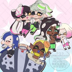 &gt;_&lt; 1boy 6+girls :&gt; :3 :d :t ;) arms_up asymmetrical_sidelocks bare_shoulders big_man_(splatoon) black_boots black_gloves black_hair black_jacket black_leggings black_socks black_unitard blonde_hair blue_hair blue_nails blue_shawl blush boots bow-shaped_hair callie_(splatoon) callie_(squid_sisters_outfit)_(splatoon) cephalopod_eyes chibi chibi_only commentary_request coula_cat cropped_jacket crown dark-skinned_female dark_skin detached_collar dress drop_shadow earrings eyebrows_hidden_by_hair fangs fist_bump food-themed_hair_ornament frye_(deep_cut_outfit)_(splatoon) frye_(splatoon) gloves gradient_hair green_eyes green_hair green_pantyhose hair_ornament hair_over_one_eye hand_fan hand_on_own_cheek hand_on_own_face hand_on_own_hip harem_pants heads_together high_collar holding holding_fan holding_hands jacket jewelry jumping leather leather_jacket leggings long_hair low-tied_sidelocks manta_ray marie_(splatoon) marie_(squid_sisters_outfit)_(splatoon) marina_(off_the_hook_outfit)_(splatoon) marina_(splatoon) medium_hair miniskirt mole mole_under_eye mole_under_mouth multicolored_hair multiple_earrings multiple_girls narrowed_eyes navel navel_piercing nintendo object_on_head off-shoulder_shirt off_shoulder one_eye_closed open_mouth outline outstretched_arms pants pantyhose pantyhose_under_shorts parted_bangs partially_open_jacket pearl_(off_the_hook_outfit)_(splatoon) pearl_(splatoon) piercing pink_hair pink_pantyhose pointy_ears red_eyes sarashi see-through_clothes see-through_shawl shawl shirt shiver_(deep_cut_outfit)_(splatoon) shiver_(splatoon) short_hair short_jumpsuit short_shorts shorts siblings sidelocks sisters sitting sitting_on_person skirt sleeveless sleeveless_dress sleeveless_jacket smile socks sparkle splatoon_(series) spread_arms star-shaped_pupils star_(symbol) strapless strapless_dress strapless_jumpsuit suction_cups swept_bangs symbol-shaped_pupils tank_top tassel tentacle_hair thick_eyebrows tilted_headwear tooth_earrings torn_clothes torn_leggings twitter_username two-tone_hair very_long_hair watermark watermark_grid white_boots white_crown white_dress white_gloves white_hair white_outline x_hair_ornament xd yellow_eyes yellow_shawl yellow_tank_top zipper zipper_pull_tab