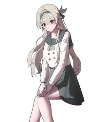 13_(jjusan13) 1girl absurdres blue_pupils bow bowtie buttons checkered_clothes checkered_skirt double-breasted firefly_(honkai:_star_rail) firefly_(spring_missive)_(honkai:_star_rail) gradient_eyes green_bow green_bowtie grey_hair grey_hairband grey_sailor_collar grey_skirt hair_between_eyes hair_intakes hair_ornament hair_ribbon hairband highres honkai:_star_rail honkai_(series) long_hair multicolored_eyes plaid_clothes plaid_skirt ribbon sailor_collar simple_background skirt solo white_background