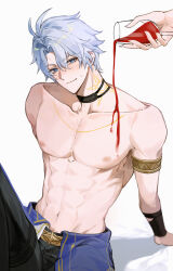 1boy 1other 2_0_9 abs antenna_hair armlet black_choker black_pants blue_eyes blush choker commentary_request cup highres holding holding_cup honkai:_star_rail honkai_(series) jewelry korean_commentary male_focus navel neck_tattoo pants phainon_(honkai:_star_rail) pouring_onto_another short_hair simple_background sitting solo_focus sun_symbol sun_tattoo sweatdrop tan tattoo toned toned_male topless_male white_background white_hair