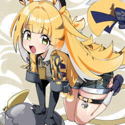 1girl :d absurdres animal_ears black_shorts blonde_hair green_eyes grey_shirt highres ju_fufu loli multicolored_hair ocha_(popopogg) open_mouth shirt shorts simple_background smile solo tail thigh_strap tiger_ears tiger_girl tiger_tail two-tone_hair white_background white_hair zenless_zone_zero