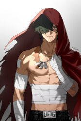 1boy abs bandaged_arm bandaged_hand bandages bruise cape character_name closed_mouth dog_tags green_eyes green_hair hair_over_one_eye highres hood hood_up hooded_cape injury lighter_(zenless_zone_zero) looking_at_viewer male_focus midriff_sarashi minato_(robin) red_cape sarashi scar signature simple_background solo toned toned_male topless_male torn_cape torn_clothes zenless_zone_zero