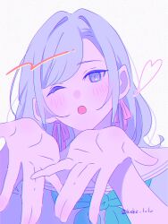Rule 34 | 1girl, ;o, aqua neckerchief, blowing kiss, blue eyes, blush, ceras yanagida lilienfeld, commentary request, dress, grey hair, hair ribbon, hasu no sora school uniform, heart, highres, kzkz lvlv, link! like! love live!, long hair, looking at viewer, love live!, neckerchief, one eye closed, open mouth, pink ribbon, purple theme, ribbon, sailor collar, sailor dress, school uniform, solo, summer uniform, twitter username, virtual youtuber, white sailor collar