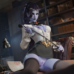 1girl 3d absurdres academic_test alternate_costume artist_name black_bow black_bowtie black_choker black_skirt black_thighhighs blender_(medium) book bookshelf bow bowtie breasts breasts_out brooch chair choker cleft_of_venus colored_skin commentary desk desk_lamp earrings english_commentary frilled_choker frills hair_over_one_eye high-waist_skirt high_ponytail highres holding holding_whip indoors jewelry lamp leather_chair long_hair long_sleeves looking_at_viewer medium_breasts nianbingzi nipples no_panties on_desk orange_eyes overwatch pencil_skirt photoshop_(medium) ponytail purple_hair purple_lips purple_skin pussy shirt sitting skindentation skirt solo test_score thighhighs thighs white_shirt widowmaker_(overwatch) yellow_eyes