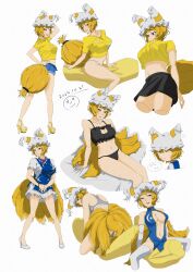 1girl absurdres alternate_costume animal_ears animal_hat bikini black_skirt blonde_hair blue_tabard cameltoe cat_ear_bikini china_dress chinese_clothes cleavage_cutout clothing_cutout crop_top denim denim_shorts dress fox fox_ears fox_girl fox_tail hat high_heels highres kitsune mature_female miniskirt mob_cap multiple_persona multiple_tails nekomata oekaki open_mouth panties ransyamaaa96818 shirt short_dress short_hair short_shorts shorts skirt slit_pupils tabard tail thighhighs tied_tails touhou underwear white_dress yakumo_ran yellow_eyes yellow_shirt