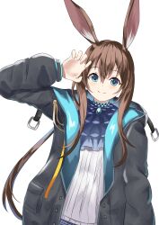1girl absurdres amiya_(arknights) animal_ears arknights arm_up ascot black_jacket blue_eyes blush brown_hair claw_pose closed_mouth commentary dot_nose gem hair_between_eyes highres jacket long_hair looking_at_viewer manimani_(user_gkur4335) open_clothes open_jacket ponytail purple_ascot ribbed_shirt shirt simple_background smile solo split_mouth white_background white_shirt