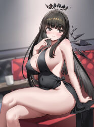 1girl absurdres alternate_breast_size arknights arm_support armpit_crease averting_eyes backless_dress backless_outfit bare_arms bare_legs bare_shoulders black_bow black_dress black_eyes black_hair black_halo black_wings blunt_bangs blush bow breasts broken_halo center_opening cleavage closed_mouth cocktail_dress couch crossed_legs cup dark_halo detached_wings dishui_tangni dot_nose dress evening_gown feet_out_of_frame groin halo halter_dress halterneck hand_up head_tilt highres hime_cut indoors large_breasts light_smile long_hair looking_to_the_side mole mole_under_eye naked_dress no_bra no_panties on_couch side-tie_dress sideboob sleeveless sleeveless_dress solo straight_hair sweatdrop table thick_thighs thighs turning_head very_long_hair virtuosa_(arknights) wings