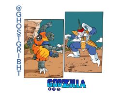 2boys absurdres armor artist_request claws cosplay cover day dougi dragon_ball dragonball_z fake_cover fighting fighting_stance full_body gigan godzilla godzilla_(series) godzilla_vs._gigan highres kaiju looking_at_another looking_at_viewer multiple_boys outdoors parody serious son_goku son_goku_(cosplay) spiked_tail tail title toho twitter_username vegeta vegeta_(cosplay)