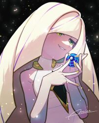 1girl absurdres bare_shoulders beast_ball blonde_hair dress green_eyes highres holding holding_poke_ball long_hair lusamine_(pokemon) miu_(miuuu_721) nintendo parted_lips poke_ball pokemon pokemon_sm signature sleeveless sleeveless_dress smile solo upper_body white_dress yellow_nails