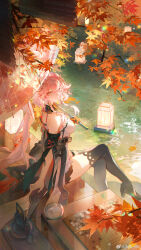 1girl absurdres baofandxy bare_shoulders black_collar black_jacket black_shoes black_sleeves black_thighhighs board_game breasts changli_(wuthering_waves) chinese_commentary closed_mouth collar commentary_request crossed_legs detached_sleeves go_(board_game) high_heels highres holding holding_umbrella jacket large_breasts looking_at_viewer multicolored_hair oil-paper_umbrella pink_hair shoes short_sleeves sitting solo thighhighs thighs two-tone_hair umbrella white_hair white_umbrella wuthering_waves yellow_eyes