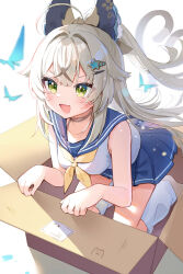 1girl alternate_costume azusa_(980650076) blonde_hair bloom blue_sailor_collar blue_skirt bow box bug butterfly cat_tail fang genshin_impact green_eyes hair_bow hair_ornament hairclip heart heart_tail highres in_box in_container insect kirara_(genshin_impact) leg_warmers long_hair multiple_tails neckerchief nekomata open_mouth pleated_skirt sailor_collar school_uniform serafuku shirt sidelighting skin_fang skirt sleeveless sleeveless_shirt smile tail two_tails white_leg_warmers white_shirt yellow_neckerchief