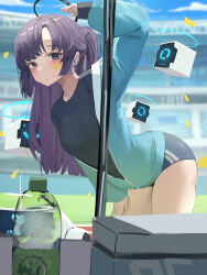 1girl absurdres black_shirt blue_archive blue_buruma blue_eyes blue_hair blue_jacket blush breasts buruma commentary cowboy_shot embarrassed gym_uniform half_updo halo hand_on_own_thigh highres jacket kouzuki_kallen leaning_forward long_hair long_sleeves looking_at_viewer mechanical_halo medium_breasts moji_(m_0j_4) off_shoulder official_alternate_costume official_alternate_hairstyle outdoors partially_unzipped ponytail red_pupils shirt short_ponytail solo star_sticker sticker_on_face t-shirt thick_thighs thighs very_wide_shot yuuka_(blue_archive) yuuka_(track)_(blue_archive)