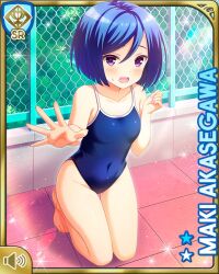 1girl akasegawa_maki barefoot blue_hair blue_one-piece_swimsuit chain-link_fence character_name competition_swimsuit day embarrassed female_focus fence girlfriend_(kari) hand_out kneeling looking_at_viewer official_art one-piece_swimsuit open_mouth outdoors pool poolside purple_eyes qp:flapper short_hair solo swimsuit tagme tile_floor tiles