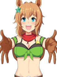 1girl animal_ears armband bandana bare_shoulders blue_eyes breasts brown_gloves brown_hair brown_hat cleavage commentary_request cowboy_hat gloves green_armband hair_between_eyes hair_ornament hat hat_on_back highres horse_ears horse_girl large_breasts long_hair looking_at_viewer open_mouth ponytail red_bandana simple_background smile solo star_(symbol) star_hair_ornament taiki_shuttle_(umamusume) teeth umamusume upper_body upper_teeth_only uru_doo white_background