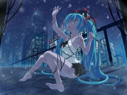 1girl anklet aqua_eyes aqua_hair arm_tattoo arm_up armpits barefoot beek blurry cable city_lights cityscape depth_of_field entangled feet female_focus hatsune_miku jewelry legs long_hair miniskirt night open_mouth railing sitting skirt sky snow snowing soles solo star_(sky) starry_night starry_sky tattoo toenails toes twintails unfragment_(vocaloid) very_long_hair vocaloid