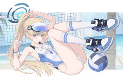 Rule 34 | 1girl, alternate costume, alternate hairstyle, armpits, ass, bare arms, bare shoulders, blonde hair, blue archive, blue eyes, blue halo, blue nails, blue shoes, blunt bangs, breasts, collarbone, competition swimsuit, dan (kumadan), halo, highleg, highleg one-piece swimsuit, highres, legs up, long hair, looking at viewer, one-piece swimsuit, ponytail, shoes, sneakers, solo, swimsuit, toki (blue archive), v, visor cap, whistle, whistle around neck, white one-piece swimsuit