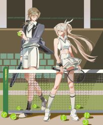 1boy 1girl absurdres ball blonde_hair brown_hair chinese_commentary commentary_request cropped_shirt degrees_of_lewdity full_body high_ponytail highres holding_tennis_racket long_hair lou_xiaotiao low_ponytail player_character_(degrees_of_lewdity) player_character_(female)_(degrees_of_lewdity) ponytail remy_(degrees_of_lewdity) remy_(male)_(degrees_of_lewdity) shirt shoes skirt sleeveless sleeveless_shirt sneakers socks sportswear tennis tennis_ball tennis_court tennis_net tennis_uniform very_long_hair white_footwear white_shirt white_skirt white_socks