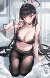 1girl alternate_costume bed black_hair blue_archive breasts choker curtains halo id_card large_breasts long_hair mellozzo navel on_bed rio_(blue_archive) sitting solo underwear