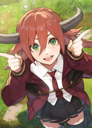 1girl absurdres animal_ears black_thighhighs brown_hair green_eyes hair_between_eyes hide_(hideout) highres horns indie_virtual_youtuber karo_(karolinearts) long_hair looking_at_viewer necktie open_mouth pleated_skirt red_necktie shirt skirt solo thighhighs virtual_youtuber white_shirt