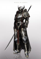 1girl ancient_egyptian arm_armor armor armored_boots boots breastplate chainmail english_text female_focus full_armor full_body gauntlets gradient_background grey_background helmet highres holding holding_weapon horus_(mythology) johnson_ting leg_armor looking_at_viewer mythology pauldrons plate_armor polearm realistic reflection reflective_floor shoulder_armor solo standing tagme weapon white_background