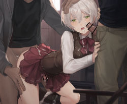 3boys after_fellatio anal bar_censor bent_over black_shirt black_socks blurry blurry_foreground blush bottomless bow bowtie brown_vest censored clothed_sex clothes_lift crossdressing cum cum_in_mouth cum_on_clothes cum_on_hair cum_on_male cum_on_self cum_string dark-skinned_male dark_skin doggystyle ejaculation erection eyelashes feet_out_of_frame gang_rape green_eyes green_pants grey_jacket group_sex hair_between_eyes hand_on_head handsfree_ejaculation head_out_of_frame highres holding_person indoors interracial jacket kneehighs kneeling long_sleeves male_focus male_penetrated medium_hair miniskirt mmm_threesome multiple_boys oralgasm original out_of_frame panties panties_around_leg pants penis pleated_skirt rape red_bow red_bowtie red_skirt school_uniform sex sex_from_behind sex_in_skirt shadow shirt sidelocks skirt skirt_lift socks spontaneous_orgasm sunaba_(nczd5875) sweat sweatdrop tagme threesome trap underwear vest white_hair white_shirt yaoi